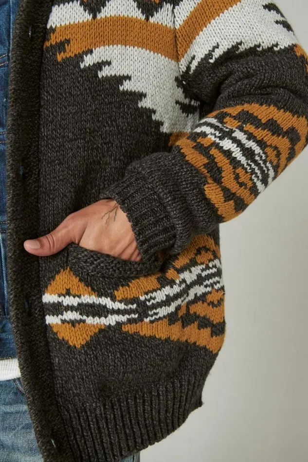 Men Lucky Brand Sweaters Legacy Print Shawl Cardigan Charcoal Combo