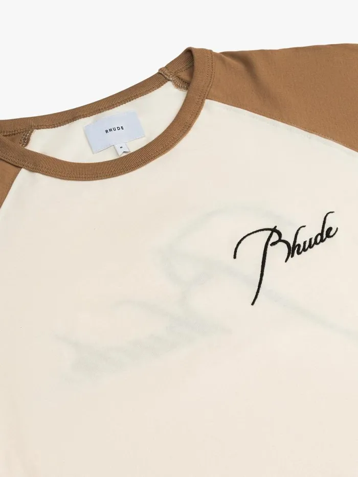 Men Rhude Tees RAGLAN LOGO TEE Vtg Tan Vtg White Men Rhude Tees RAGLAN LOGO TEE Vtg Tan Vtg White