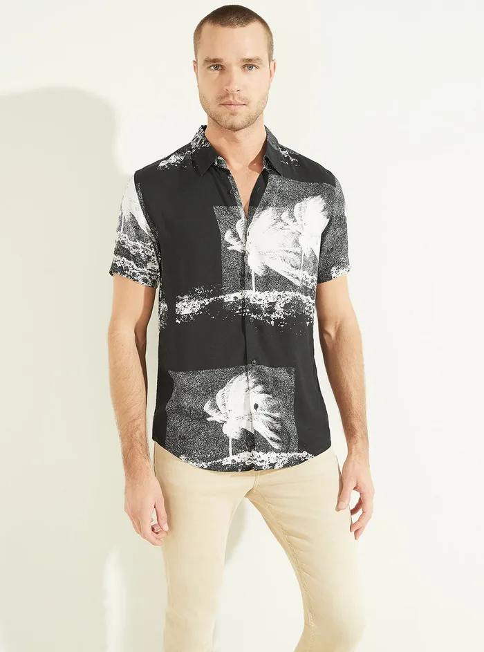 Men Shirts GUESS Eco Black Palm Print Rayon Shirt