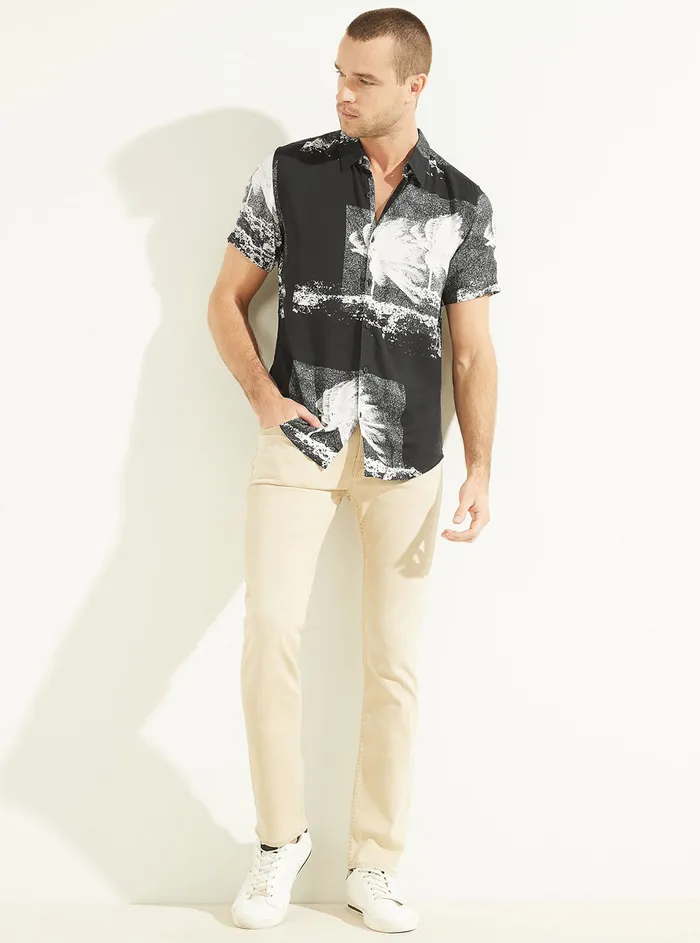 Men Shirts GUESS Eco Black Palm Print Rayon Shirt Men Shirts GUESS Eco Black Palm Print Rayon Shirt