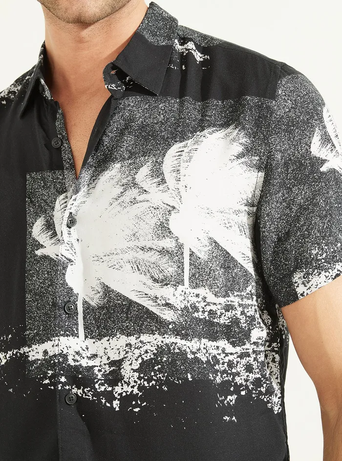 Men Shirts GUESS Eco Black Palm Print Rayon Shirt Men Shirts GUESS Eco Black Palm Print Rayon Shirt