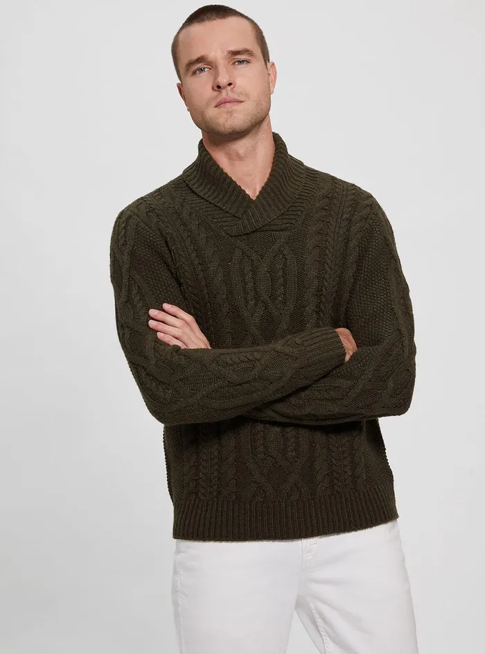 Men Sweaters and Knits GUESS Brown Kyle Cable Knit Jumper