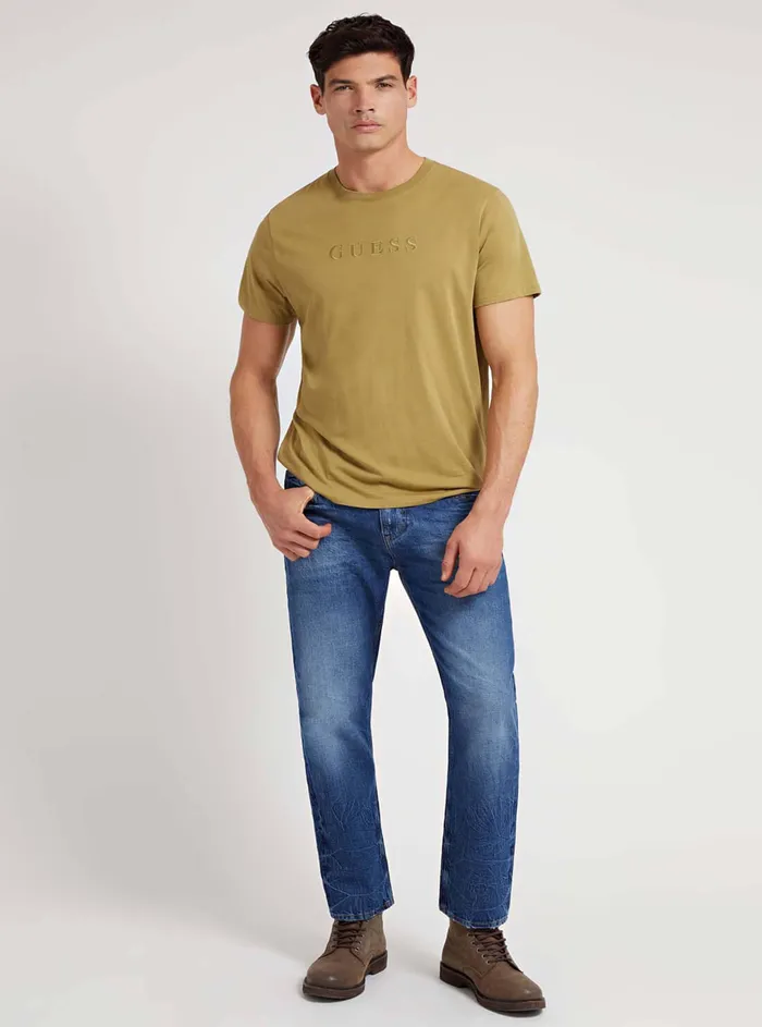 Men Tees and Tanks GUESS Mustard Green Pima Logo Crew Neck Tee Men Tees and Tanks GUESS Mustard Green Pima Logo Crew Neck Tee