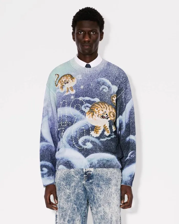 MenWomen 039KENZO Cloud Tiger039 Genderless Embroidered Jumper Midnight Blue Kenzo Sweaters And Cardigans