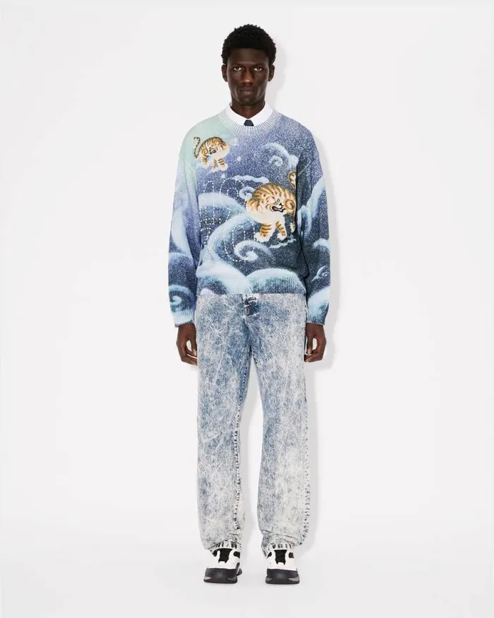 MenWomen 039KENZO Cloud Tiger039 Genderless Embroidered Jumper Midnight Blue Kenzo Sweaters And Cardigans