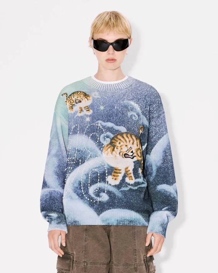 MenWomen 039KENZO Cloud Tiger039 Genderless Embroidered Jumper Midnight Blue Kenzo Sweaters And Cardigans