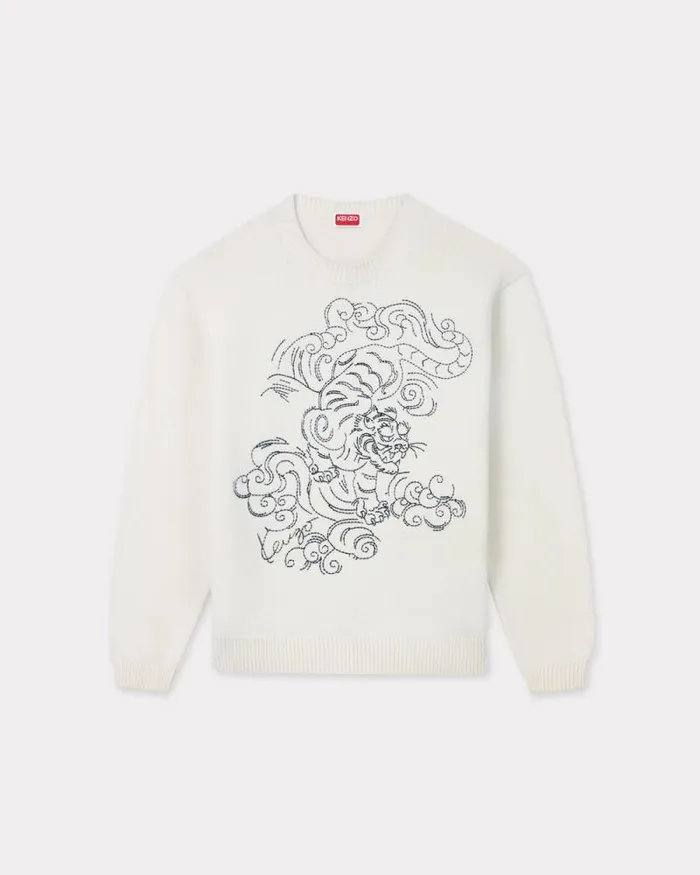 MenWomen 039KENZO Star Tiger039 Genderless Embroidered Jumper In Wool Off White Kenzo Sweaters And Cardigans MenWomen 039KENZO Star Tiger039 Genderless Embroidered Jumper In Wool Off White Kenzo Sweaters And Cardigans