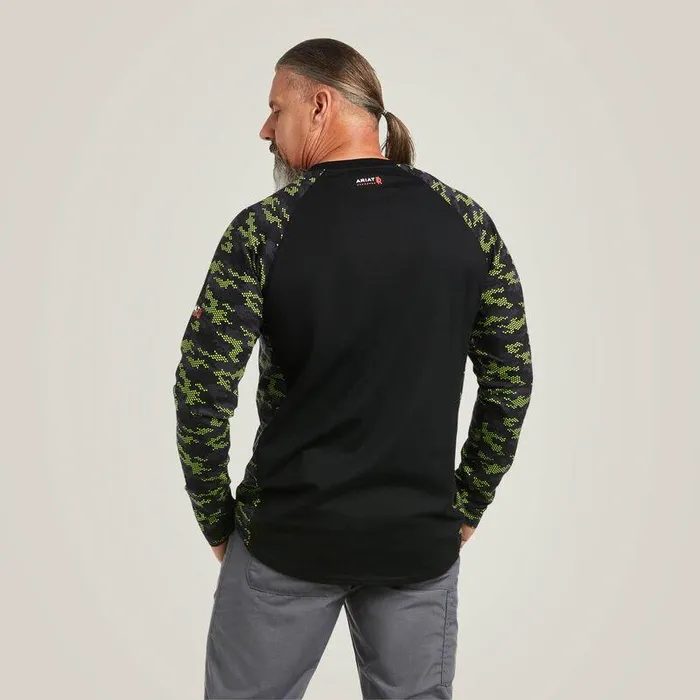Men Workwear Ariat FR AC Stretch Camo Baseball TShirt Blacklime Camo