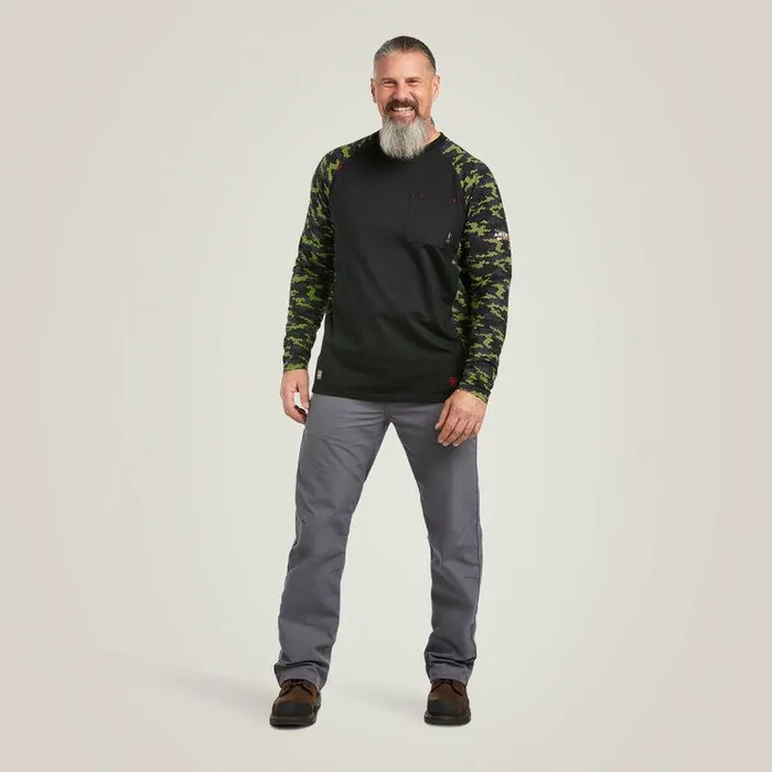 Men Workwear Ariat FR AC Stretch Camo Baseball TShirt Blacklime Camo