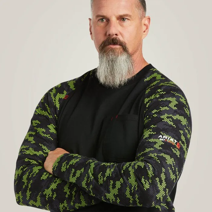 Men Workwear Ariat FR AC Stretch Camo Baseball TShirt Blacklime Camo