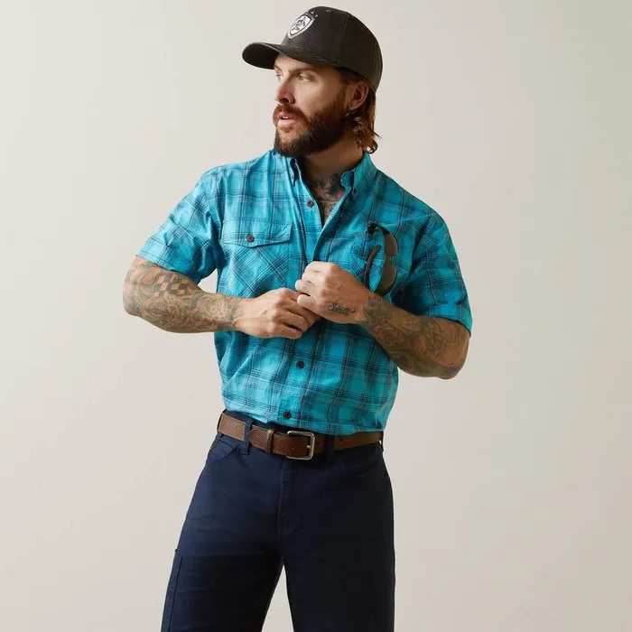 Men Workwear Ariat Rebar Made Tough DuraStretch Work Shirt Bachelor Button Plaid