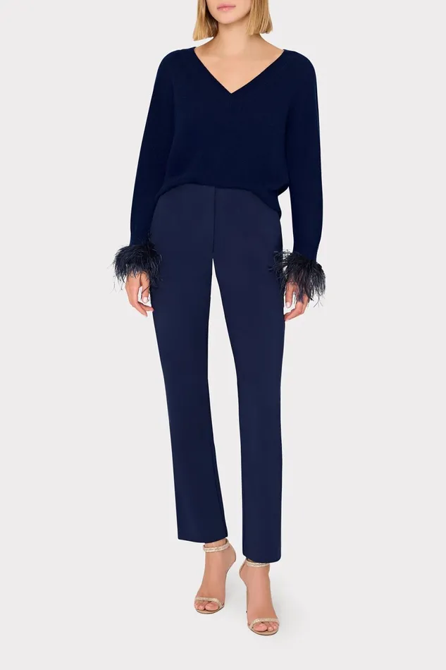 Milly Feather Cuff VNeck Sweater Navy Women Sweaters and Knits Milly Feather Cuff VNeck Sweater Navy Women Sweaters and Knits