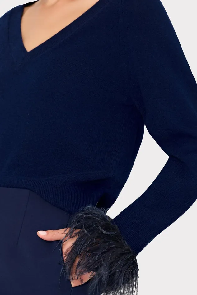Milly Feather Cuff VNeck Sweater Navy Women Sweaters and Knits Milly Feather Cuff VNeck Sweater Navy Women Sweaters and Knits