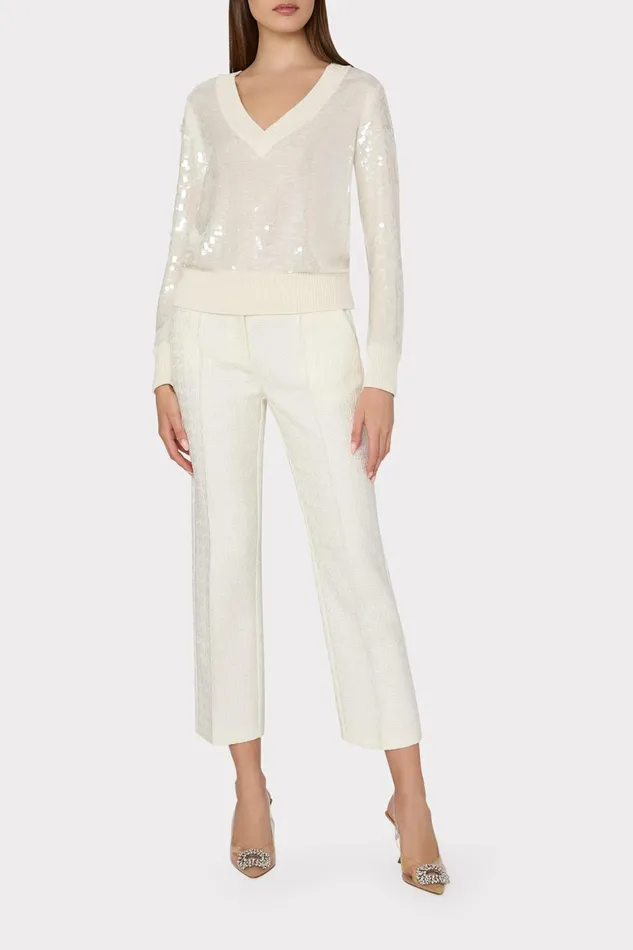 Milly Ilaria Sequin VNeck Sweater Ecru Women Tops Milly Ilaria Sequin VNeck Sweater Ecru Women Tops