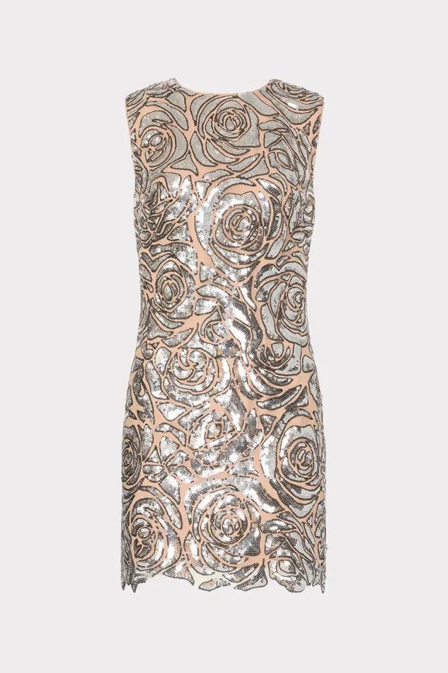 Milly Ivette Rose Sequins Shift Mini Dress Silver Women Dresses