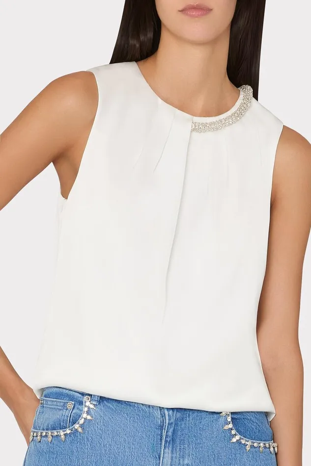 Milly Lily Satin Crystal Embellished Top Ecru Women Tops Milly Lily Satin Crystal Embellished Top Ecru Women Tops