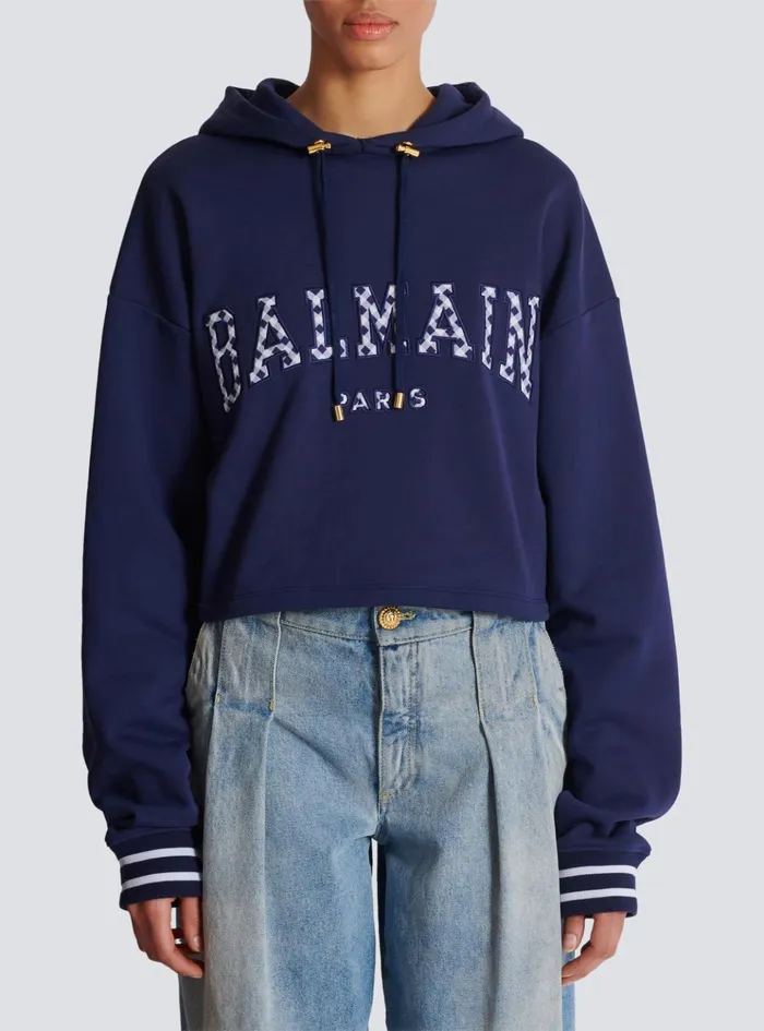 Paris Gingham Hoodie Navy Women Balmain Sweatshirts