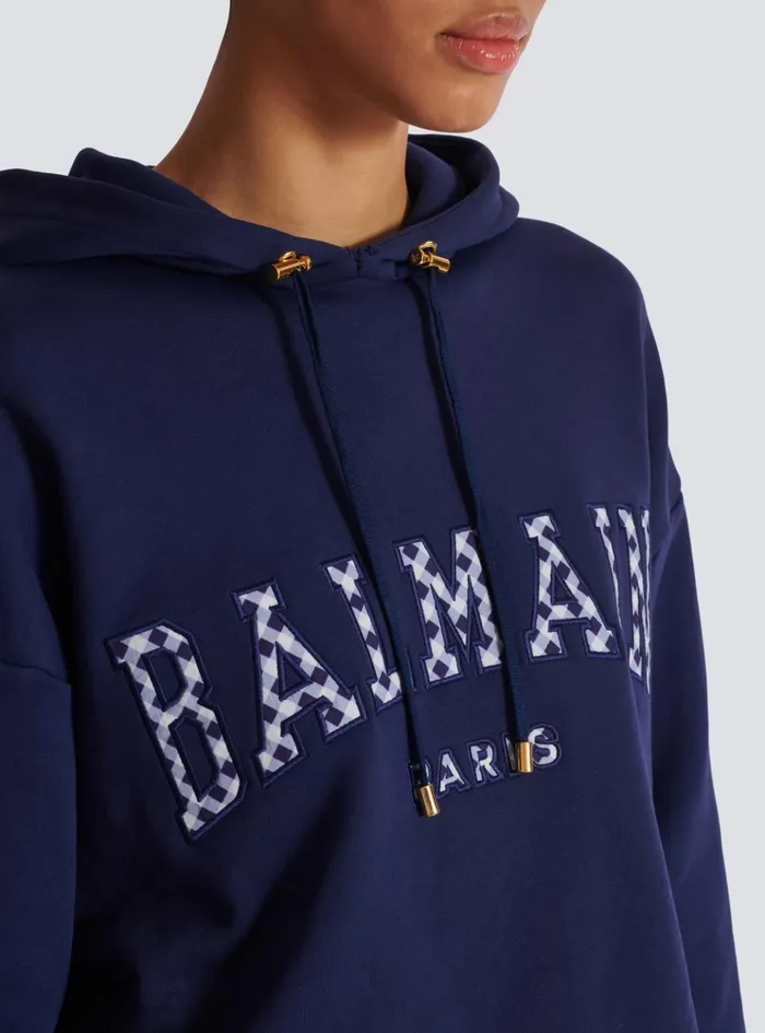 Paris Gingham Hoodie Navy Women Balmain Sweatshirts