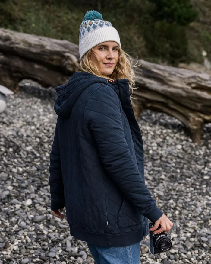 Passenger Clothing Clementine Recycled Quilted Popper Up Hoodie Deep Navy Women Activewear