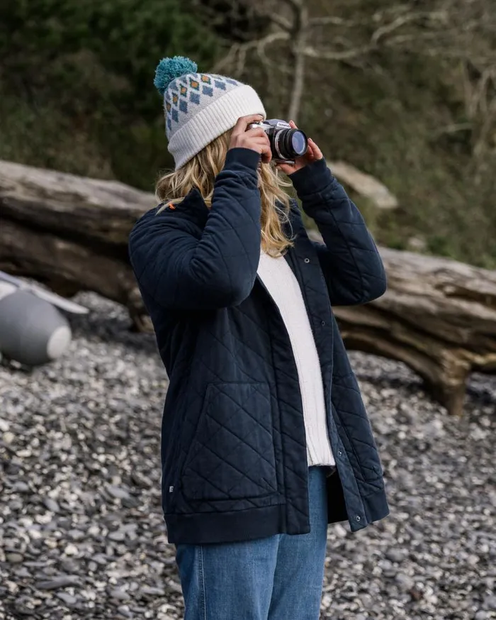 Passenger Clothing Clementine Recycled Quilted Popper Up Hoodie Deep Navy Women Activewear