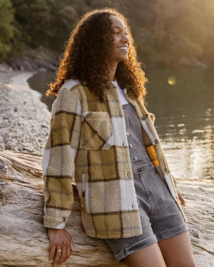 Passenger Clothing Olympus Yarn Dye Recycled Sherpa Fleece Shirt Honey Check Women Shirts