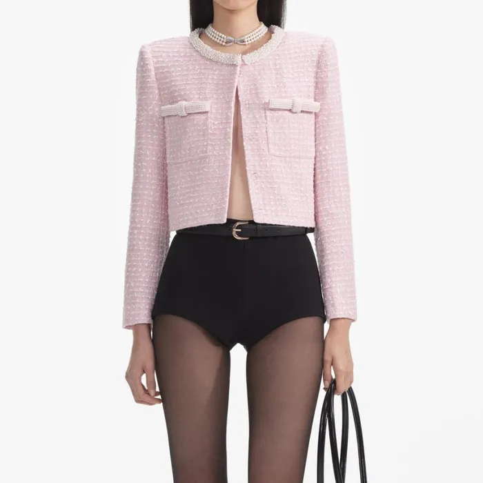 Pink Boucle Pearl Trim Jacket Women Self Portrait Outerwear