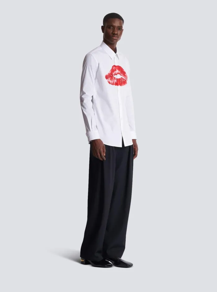 Poplin Shirt With Kiss Print White Men Balmain Shirts And Polos