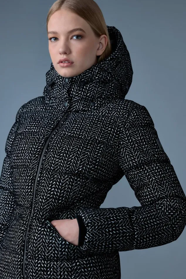 Puffers Women Mackage MADALYNFLP Flocked Medium Down Jacket Blackwhite