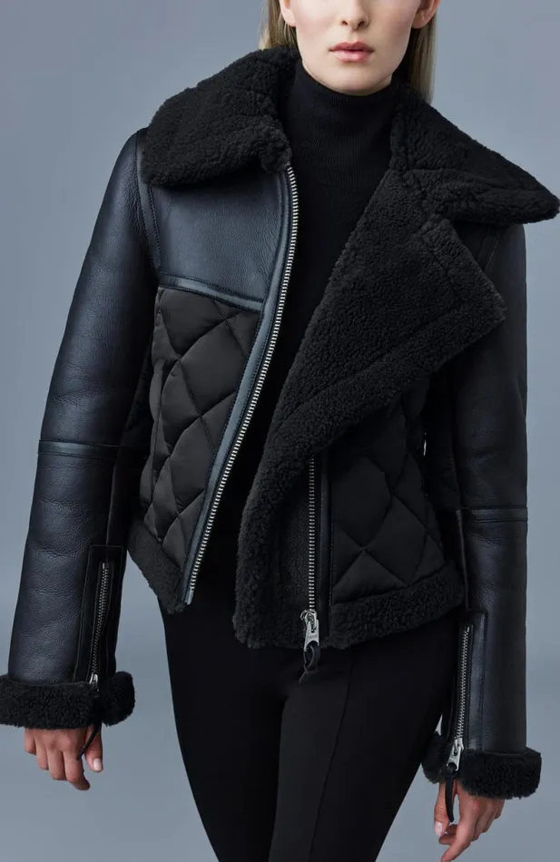 Shearling Jackets Women Mackage TULIP Quilted Sheepskin Jacket With Shearling Trim Black