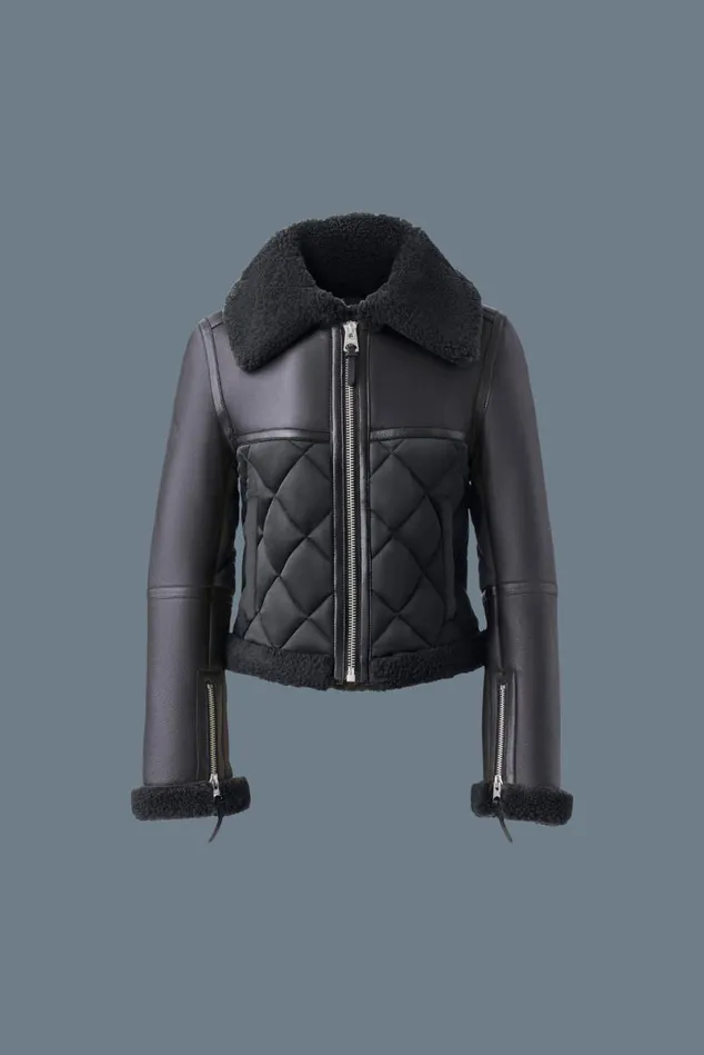 Shearling Jackets Women Mackage TULIP Quilted Sheepskin Jacket With Shearling Trim Black