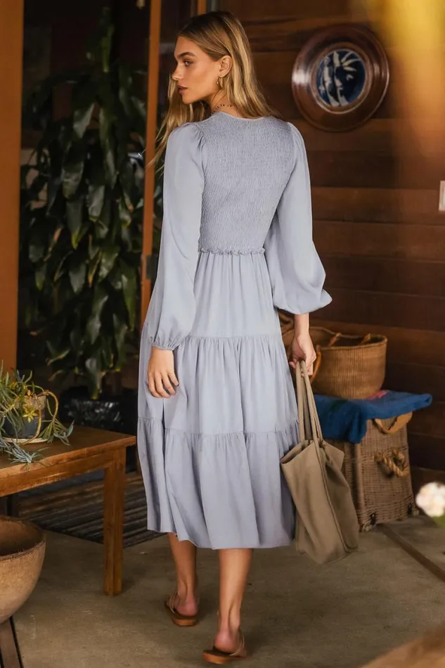 Smocked Tiered Midi Dress In Blue Blue Women Bohme Dresses