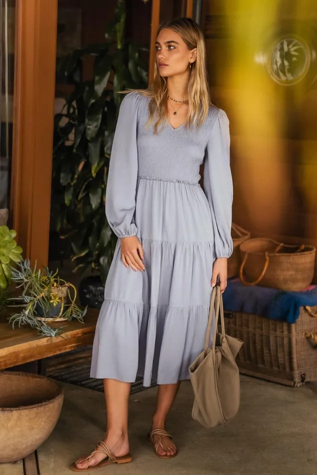Smocked Tiered Midi Dress In Blue Blue Women Bohme Dresses