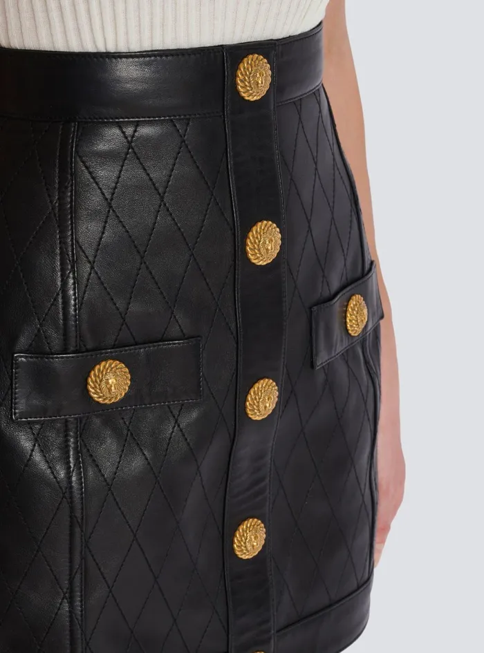 Topstitched Leather Skirt With Buttons Black Women Balmain Skirts