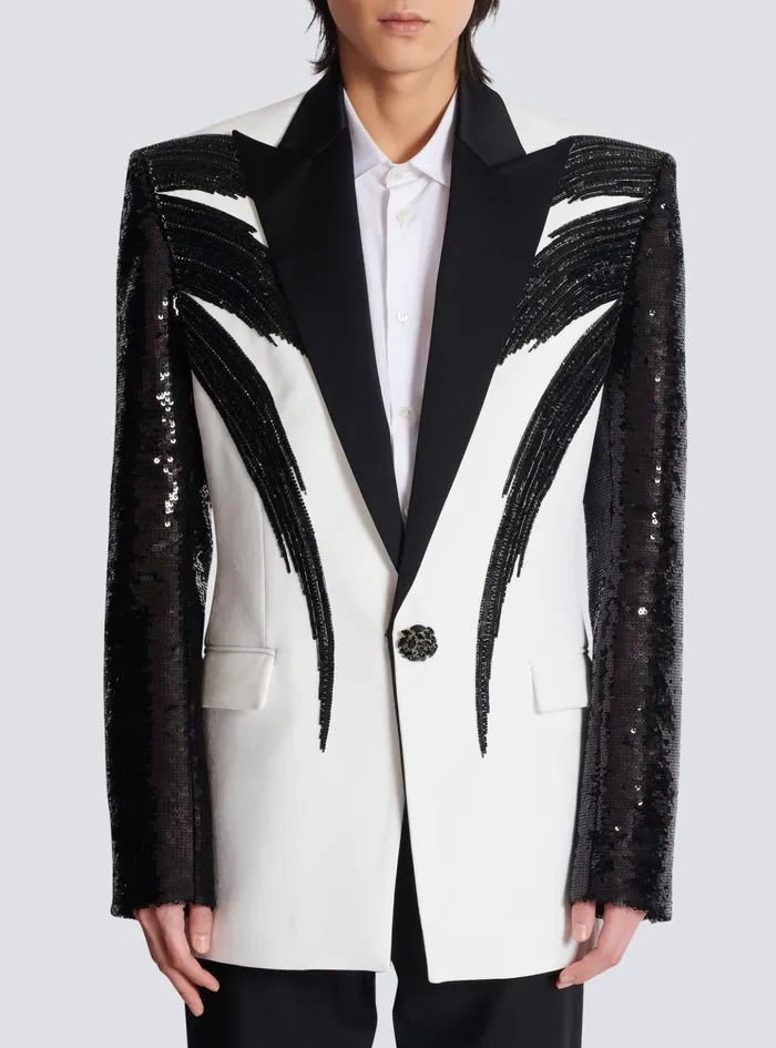 Twotone Jacket With Sequin Embroidery Black Men Balmain Jackets And Blazers