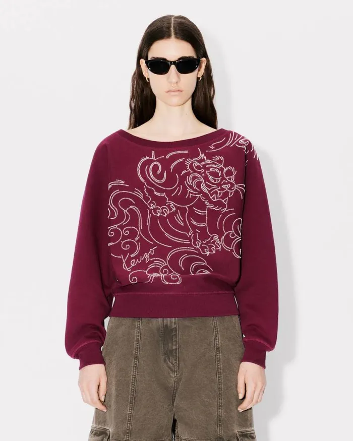 Women 039KENZO Star Tiger039 Embroidered Oversized Batwing Sweatshirt Bordeaux Kenzo Sweatshirts And Hoodies