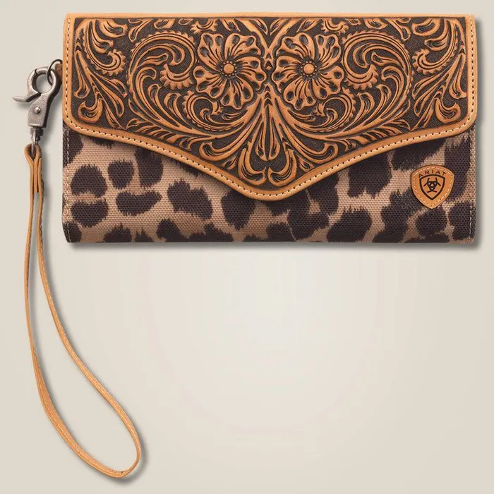 Women Bags and Wallets Ariat Leopard Clutch Wallet Tan