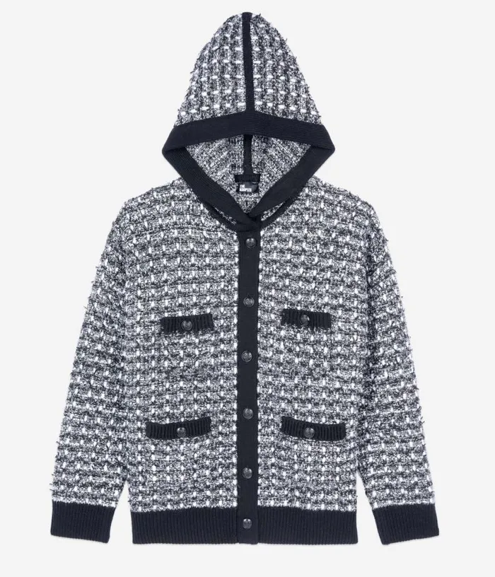 Women Black And White Tweed Hooded Cardigan THE KOOPLES Sweaters