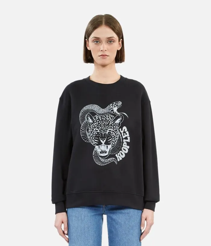 Women Black Sweatshirt With Snake Leopard Serigraphy THE KOOPLES Sweatshirts Women Black Sweatshirt With Snake Leopard Serigraphy THE KOOPLES Sweatshirts