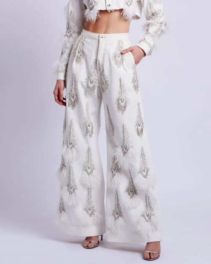 Women Bottoms PatBO HandBeaded Denim And Feather Jeans FINAL SALE White
