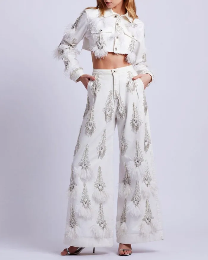Women Bottoms PatBO HandBeaded Denim And Feather Jeans FINAL SALE White