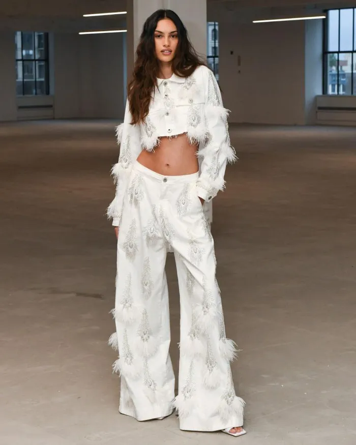 Women Bottoms PatBO HandBeaded Denim And Feather Jeans FINAL SALE White