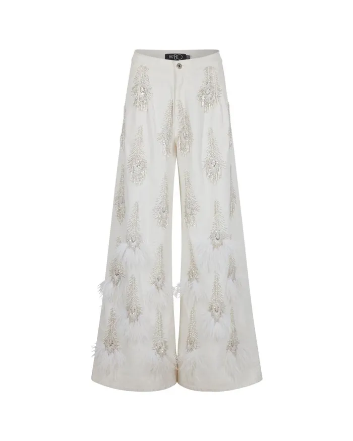 Women Bottoms PatBO HandBeaded Denim And Feather Jeans FINAL SALE White