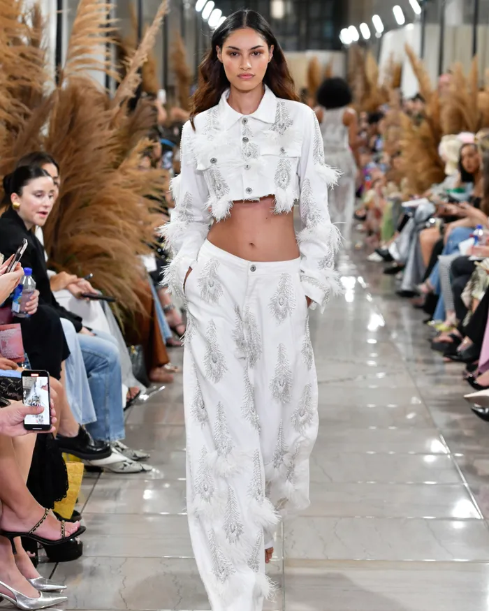 Women Bottoms PatBO HandBeaded Denim And Feather Jeans FINAL SALE White