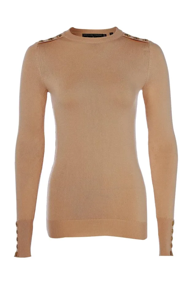 Women Buttoned Knit Crew Neck Dark Camel Holland Cooper Knitwear Women Buttoned Knit Crew Neck Dark Camel Holland Cooper Knitwear