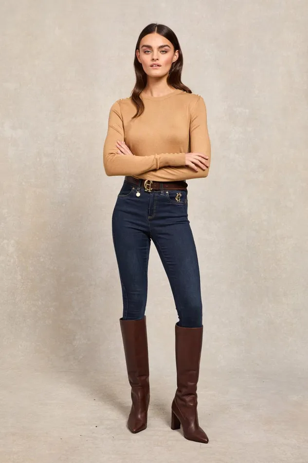 Women Buttoned Knit Crew Neck Dark Camel Holland Cooper Knitwear Women Buttoned Knit Crew Neck Dark Camel Holland Cooper Knitwear