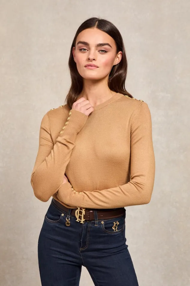 Women Buttoned Knit Crew Neck Dark Camel Holland Cooper Knitwear Women Buttoned Knit Crew Neck Dark Camel Holland Cooper Knitwear