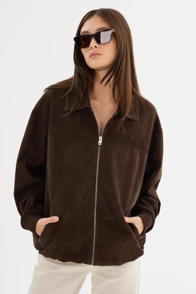 Women CADEN Oversized Suede Bomber Jacket Chocolate LAMARQUE Bombers