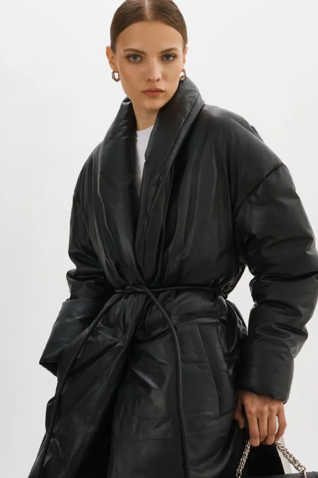 Women CATALINA Oversized Leather Blanket Coat Black LAMARQUE Leather Jackets