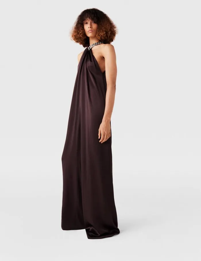 Women Chain Halterneck Satin Jumpsuit Chocolate Brown Stella McCartney Jumpsuits Women Chain Halterneck Satin Jumpsuit Chocolate Brown Stella McCartney Jumpsuits