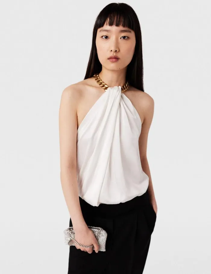 Women Chain Halterneck Satin Top Pure White Stella McCartney Shirts And Tops Women Chain Halterneck Satin Top Pure White Stella McCartney Shirts And Tops